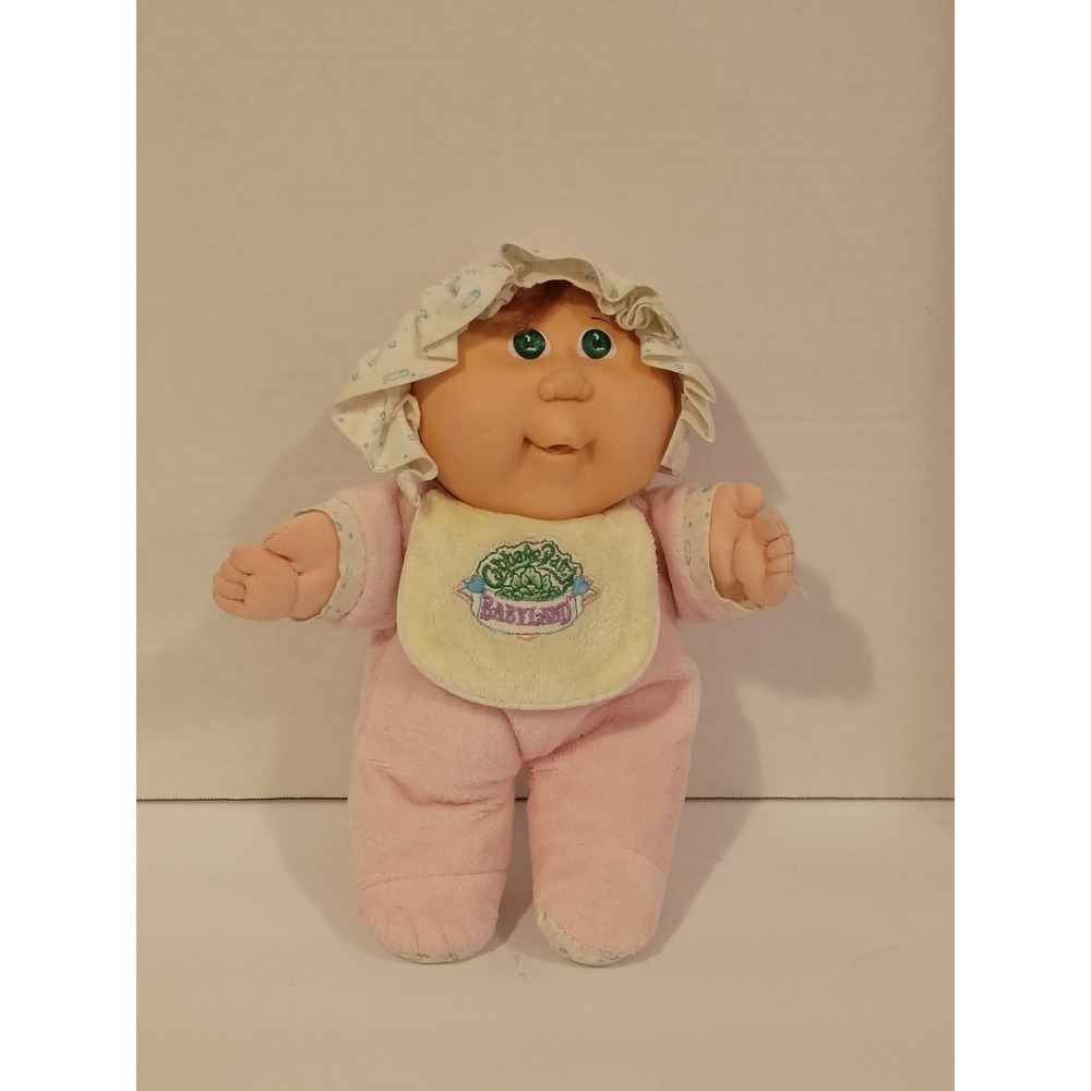 Vintage 1989 Cabbage Patch Kids Babyland Pink Plush‎ Doll Coleco Green Eyes Bib